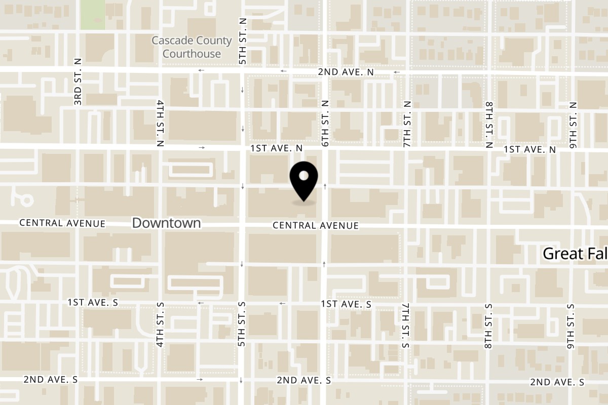 Map showing the location of Saibeen's Kitchen on 525 Central Ave u9 in Great Falls